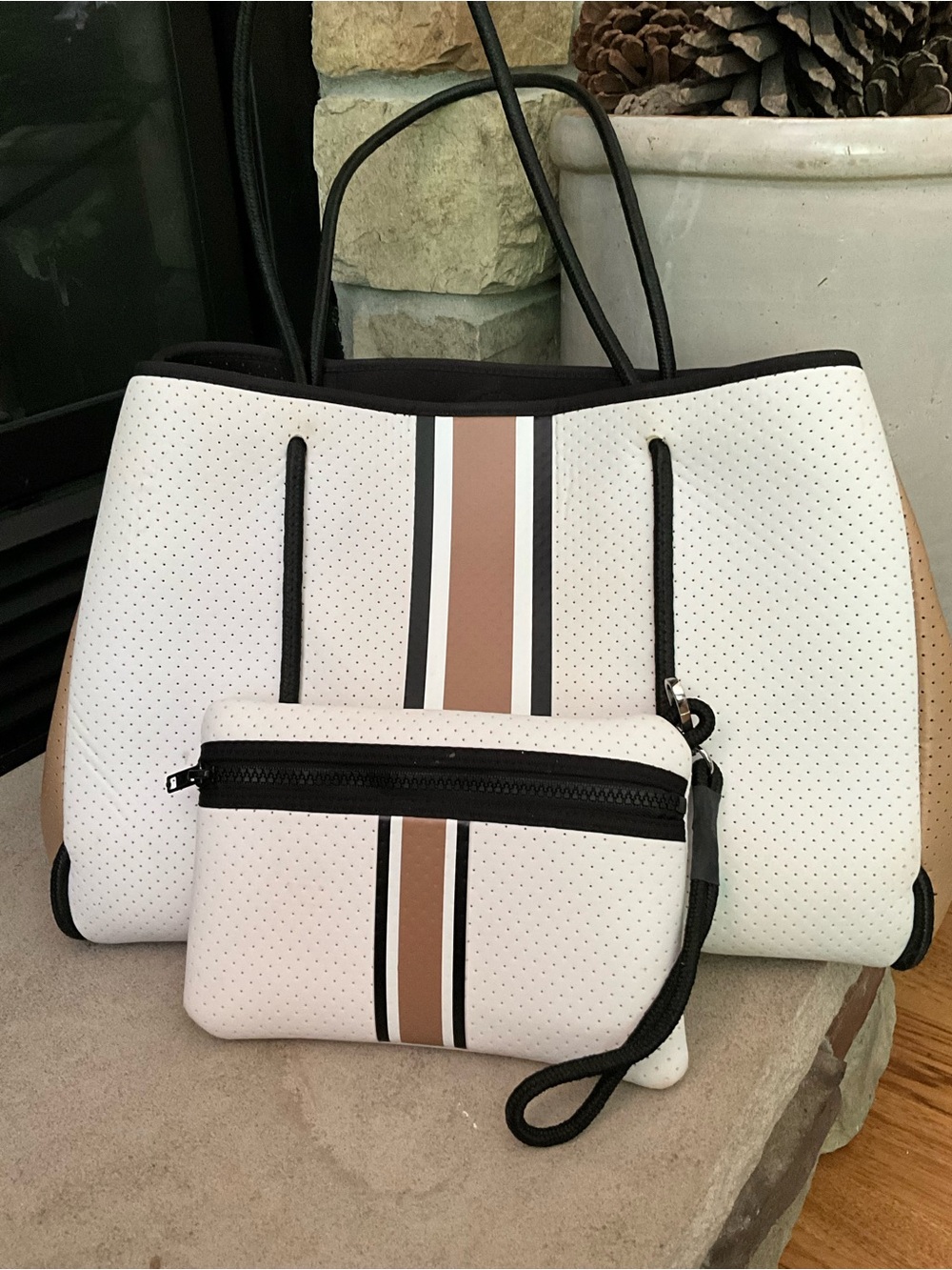 HAUTE SHORE Striped Tote Bag & Wristlet Set Neoprene White Brown Black